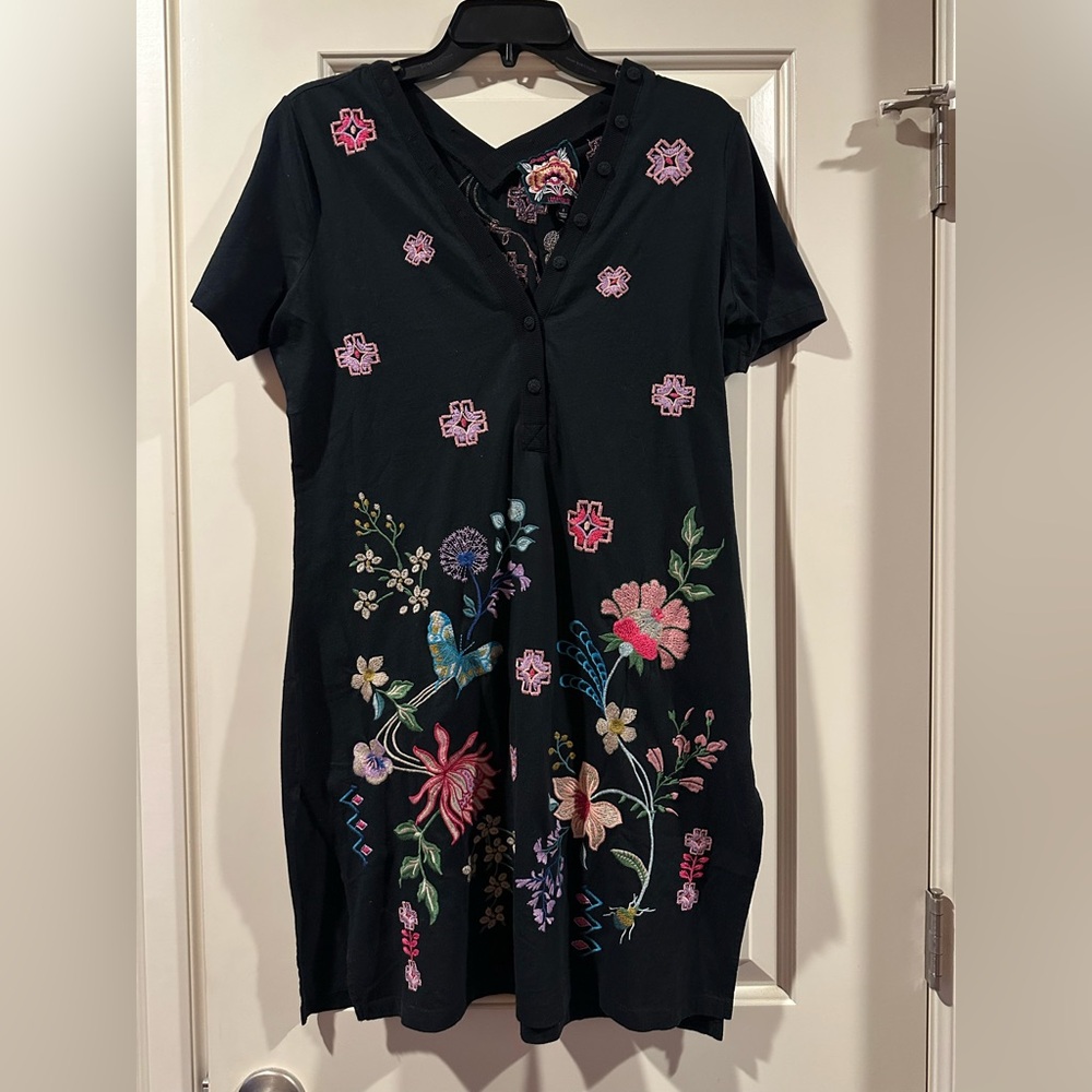 Johnny Was Floral Embroidered Black Dress